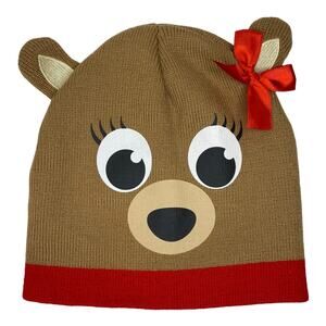Bear Face Beanie with Red Bow On One Ear One Size